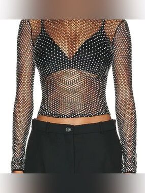 Black Rhinestone Fishnet Long-Sleeve Crop Top